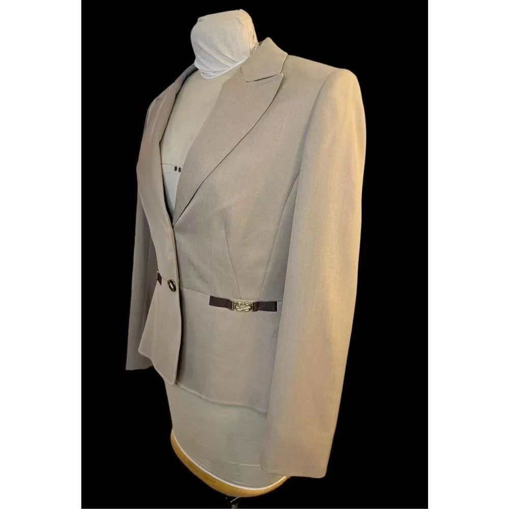 TAHARI Brown Tan Wool Belt Detail 2-Button Blazer Sz. 12 Career Professional - Picture 7 of 16